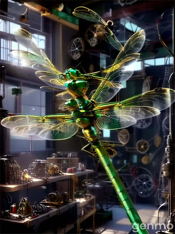A green/yellow dragonfly surrounded by a repeating gold foil geometric pattern
