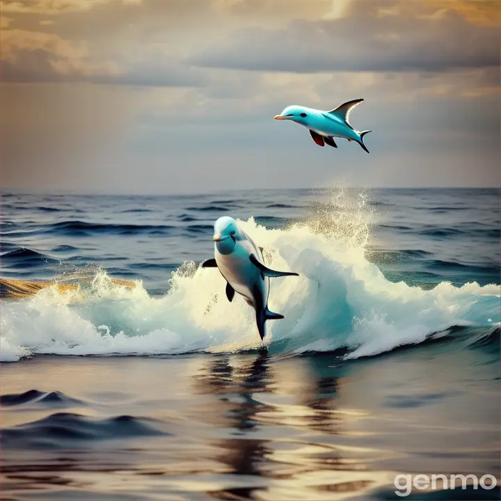 little boy swimming under the ocean | a dolphin, jumping out of the ocean waves | a seagull, flying over the ocean
