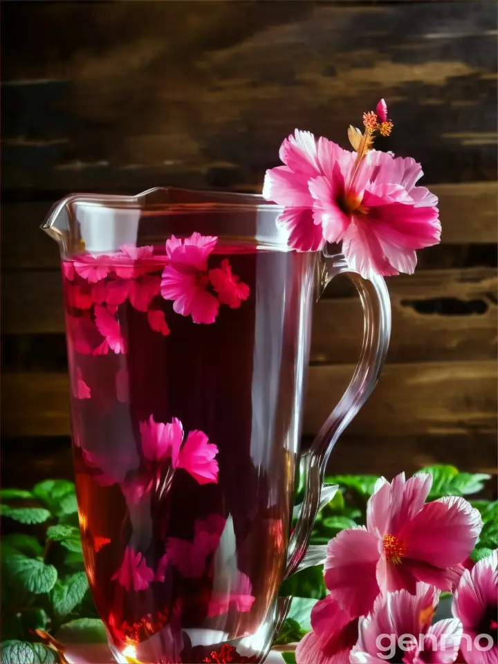 a cup of tea with pink flowers on a table