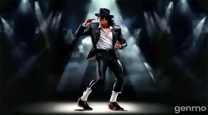 MJ in black jacket and white shirt dancing on a bustling city street at night