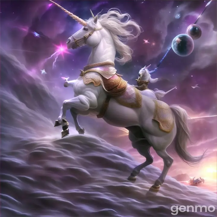 a unicorn riding on the back of a white horse