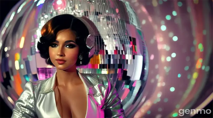 a woman in a white jumpsuit standing in front of a disco ball