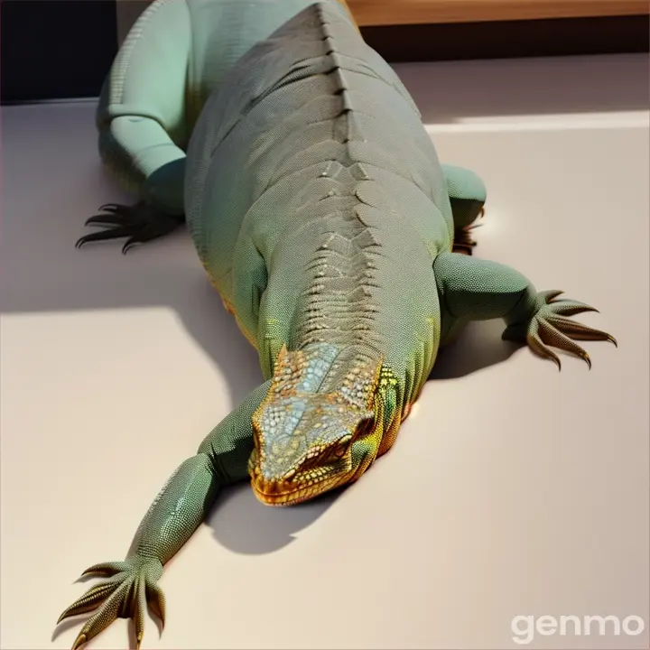 a large lizard laying on top of a white floor. Realistic And lifelike