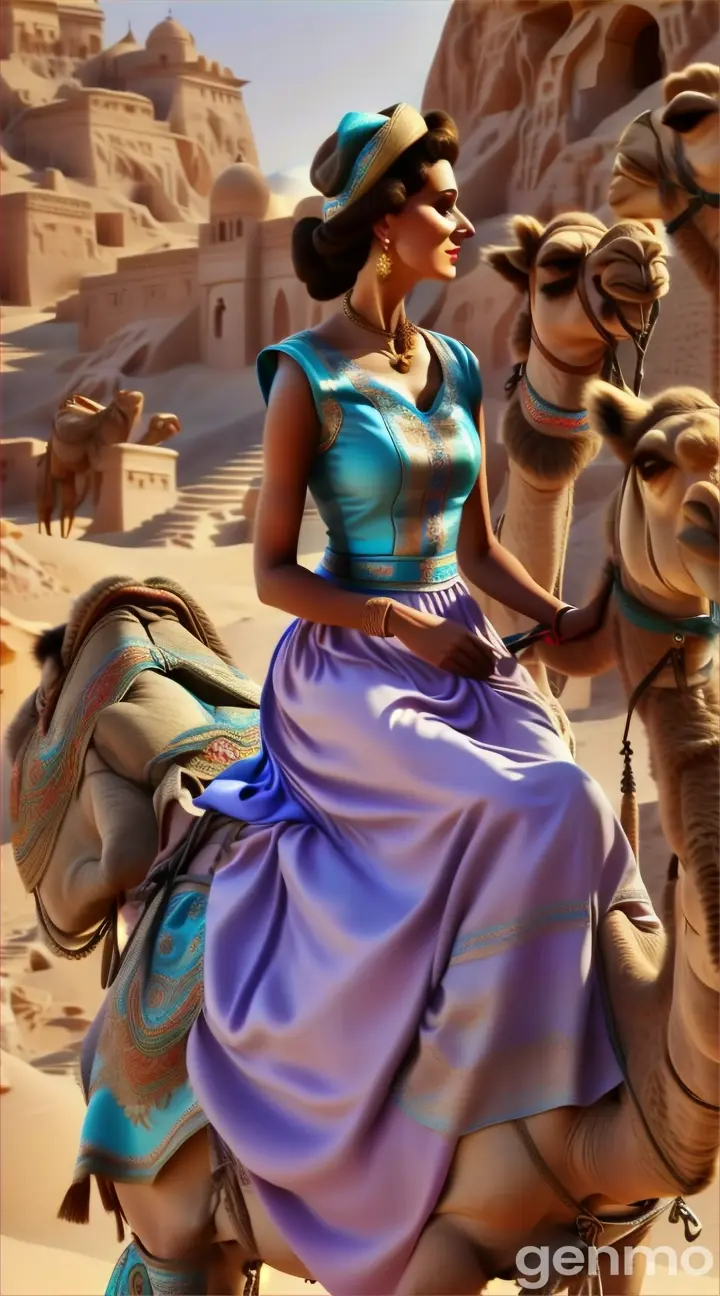 a woman in a blue dress riding a camel