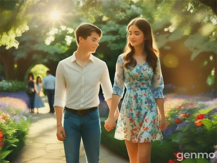 A girl wear floral dress and a boy in blue jeans and white shirt walk in floral garden