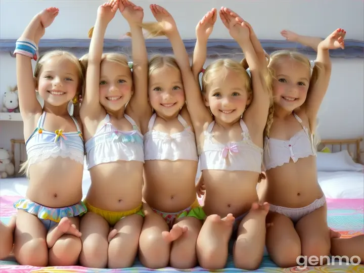 
Six Little girls, age 7 years old, 7yo, pigtails, blonde, short white beachwear, bare feet, bend down, bed, happy, crouching, legs up high, close up body, bare legs, belly, arms up high