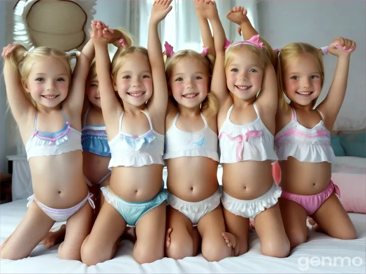 Six Little girls, age 7 years old, 7yo, pigtails, blonde, short white beachwear, bare feet, bend down, bed, happy, crouching, legs up high, close up body, bare legs, belly, arms up high