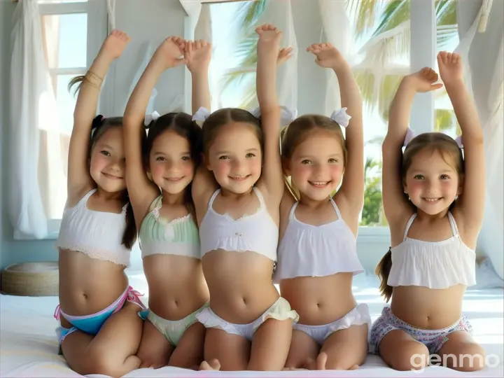 Six Little girls, age 7 years old, 7yo, pigtails, blonde, short white beachwear, bare feet, bend down, bed, happy, crouching, legs up high, close up body, bare legs, belly, arms up high