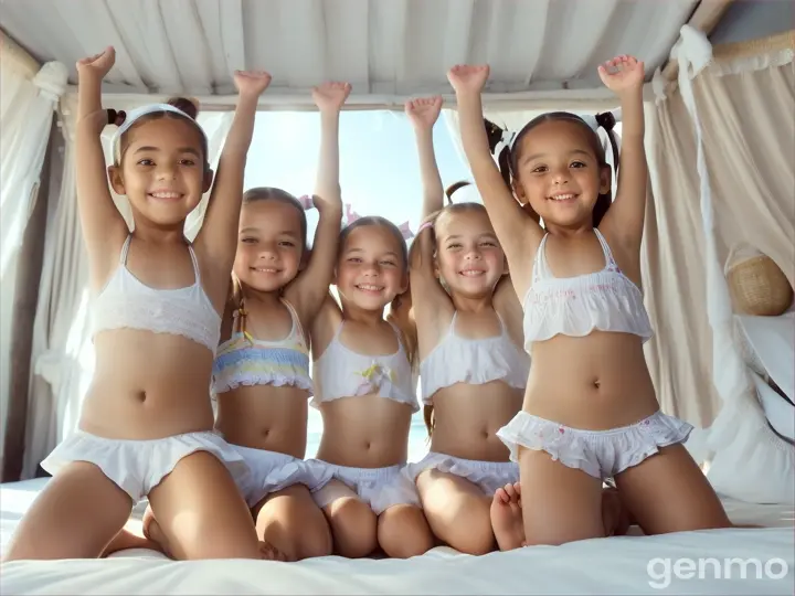 Six Little girls, age 7 years old, 7yo, pigtails, blonde, short white beachwear, bare feet, bend down, bed, happy, crouching, legs up high, close up body, bare legs, belly, arms up high, tanned