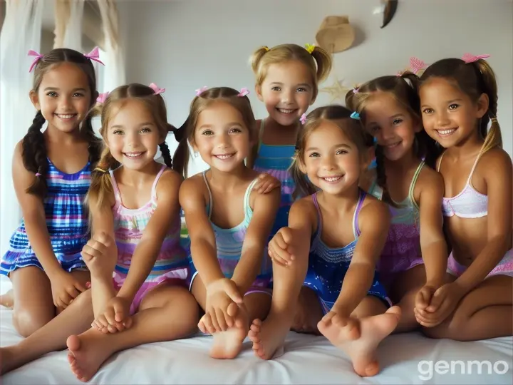 Six Little girls, age 7 years old, 7yo, pigtails, blonde, short light beachwear, bare feet, bend down, bed, happy, crouching, legs up high, close up body, bare legs, belly, arms up high, tanned