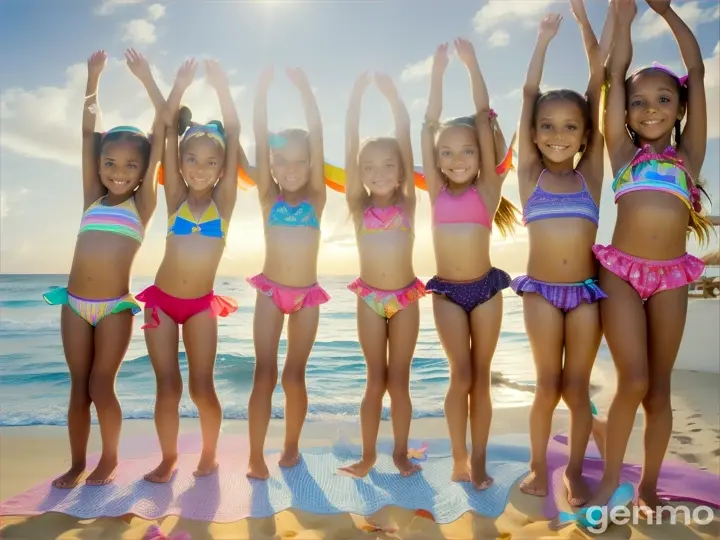 Six Little girls, age 7 years old, 7yo, pigtails, blonde, short light beachwear bikini, bare feet, bend down, bed, happy, crouching, legs up high, close up body, bare legs, belly, arms up high, tanned