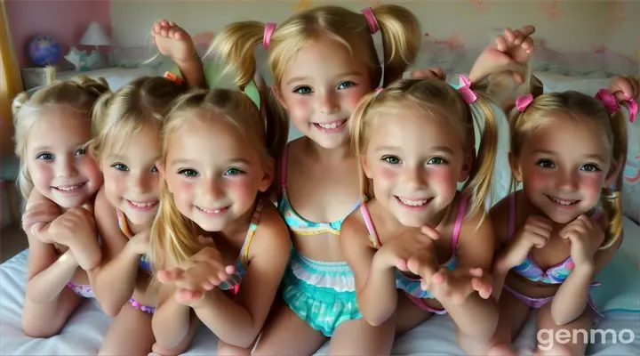 Eight Little girls, age 7 years old, 7yo, pigtails, blonde, short light beachwear bikini, bare feet, bend down, bed, happy, crouching, legs up high, close up body, bare legs, belly, arms up high,
