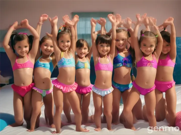 Eight Little girls, age 7 years old, 7yo, pigtails, blonde, short light beachwear bikini, bare feet, bend down, bed, happy, crouching, legs up high, close up body, bare legs, belly, arms up high,