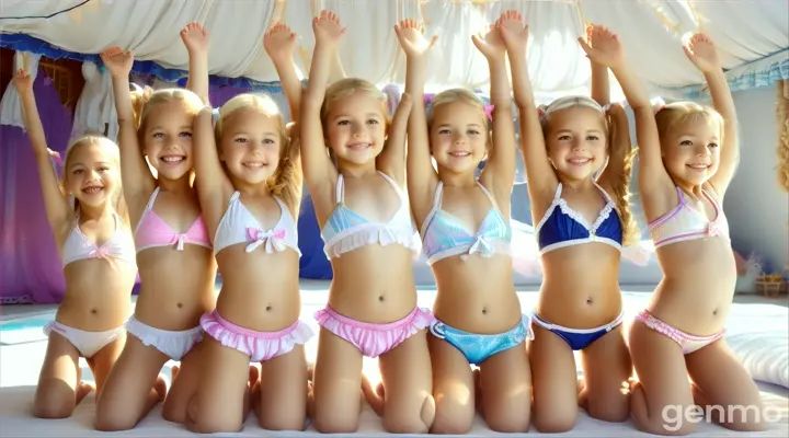 Eight Little girls, age 7 years old, 7yo, pigtails, blonde, short white light beachwear bikini, bare feet, bend down, bed, happy, crouching, legs up high, close up body, bare legs, belly, arms up high,