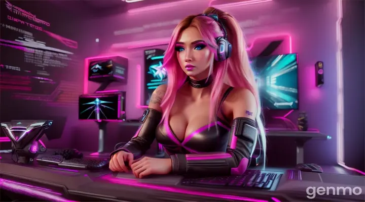 amazingly detailed, masterpiece, ultra hd, full body, dynamic angle, beautiful girl, computer gamer, gaming computer, gaming chair, playing cyberpunk 2077, neon bedroom, streamer setup, (italian:0. 3, spanish:0. 4, french:0. 3), cyberpunk theme, wild long hair, blonde with pink streaks, high detail hair, smokey eye shadow, high detail skin, high detail eyes, seductive eyes, smokey makeup, slender body, toned body, perfect face, slim athletic body, (perky small breasts:1. 5), (cold attitude, eyeshadow, eyeliner:1. 6), tattoo, diamond nose stud, (Vintage Samurai Retro Japanese Gaming 2077 Art Game Style T-Shirt), vibrant colors, beautiful, dramatic lighting, shallow depth of field, Ultra-realistic, beautiful lighting