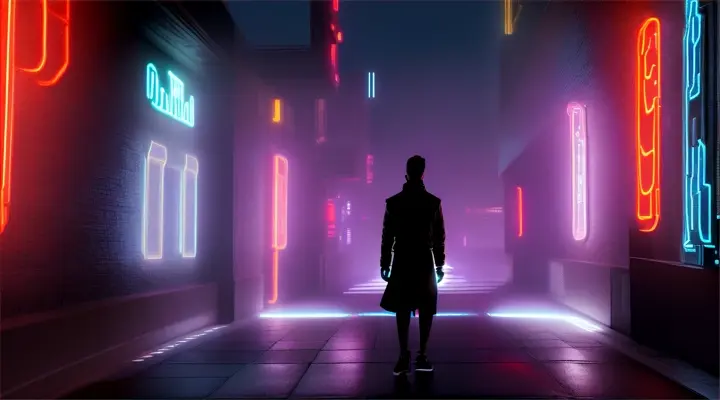 Silhouette walking down a dark, shadowy alley, illuminated by glowing neon against a cyber city skyline