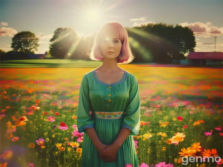 Ultra saturated film, a woman in a green hospital gown in a field of flowers, looking at camera