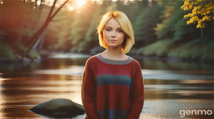 16*9, Not a very fat woman with a thick neck in a thick motley sweater standing by a river, with a forest around her. Short hair, blonde. Her hair is mussed on her head. 