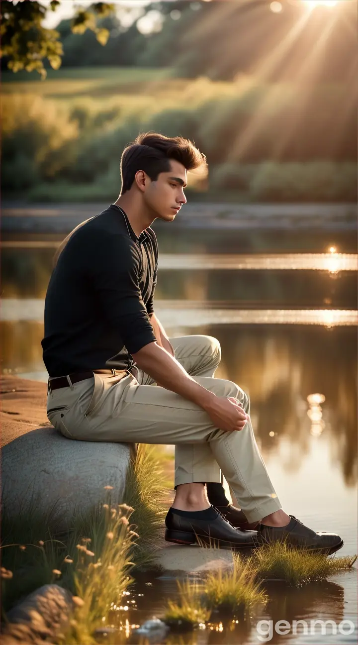 The young man sat like a long car along the river