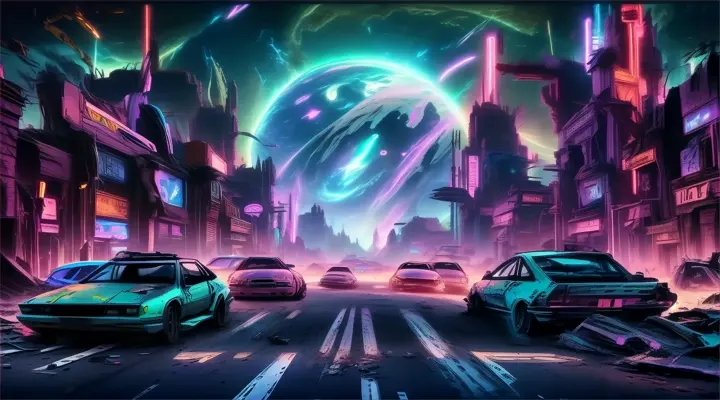 destroyed world, city street, car wrecks, destroyed neon lights, futuristic, apocalyptic landscape in the background, stylized, 90's sci-fi cartoon style, cosmic colors,