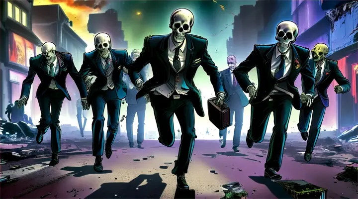 skeletons and zombies in suits, rushing through the destroyed streets with briefcases in their hands, an apocalyptic landscape in the background, stylized, 90's sci-fi cartoon style, cosmic colors,