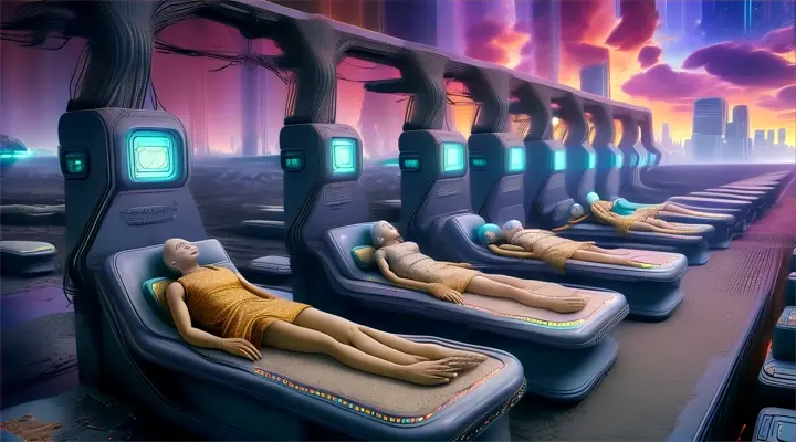 row of matrix beds with comatose people connected to them, view from above, around the landscape of an apocalyptic, destroyed city, stylized, 90s sci-fi cartoon style, cosmic colors,