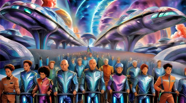 humans being led by workers of an extraterrestrial race into huge spaceships, stylized, 90s sci-fi cartoon style, space colors,