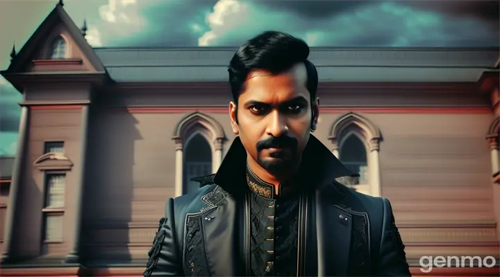 Raghu standing in front of a eerie, gothic mansion with haunting clouds overhead