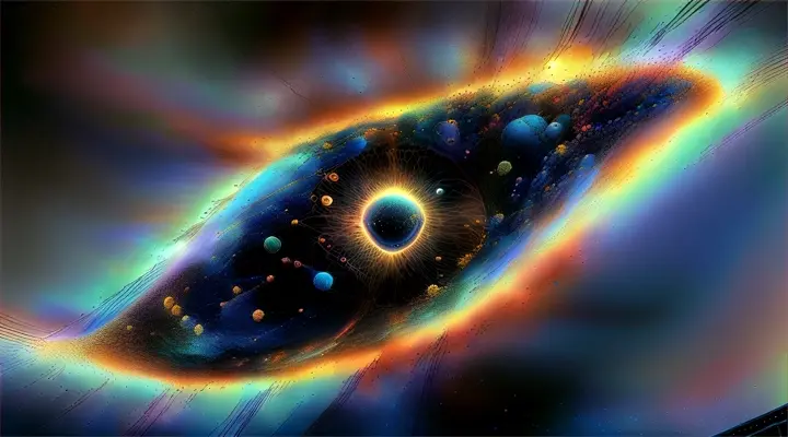 small universes as atoms combining into a larger structure inside great, cosmic eye, stylized