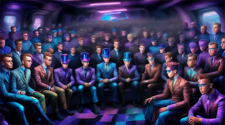 room filled with clones of the same man, as iterations of his different lives from different universes, stylized, 90's sci-fi cartoon style, cosmic colors,