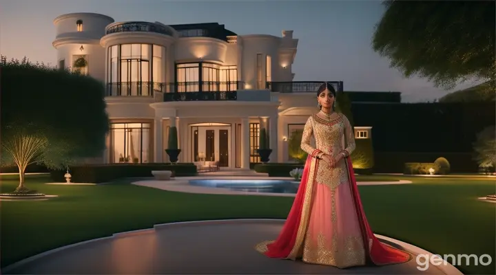 8k wide shot: At an upscale garden party in a luxurious mansion, a young Pakistani woman watches a handsome man with romantic eyes , the modern architecture of the house visible in the background.

