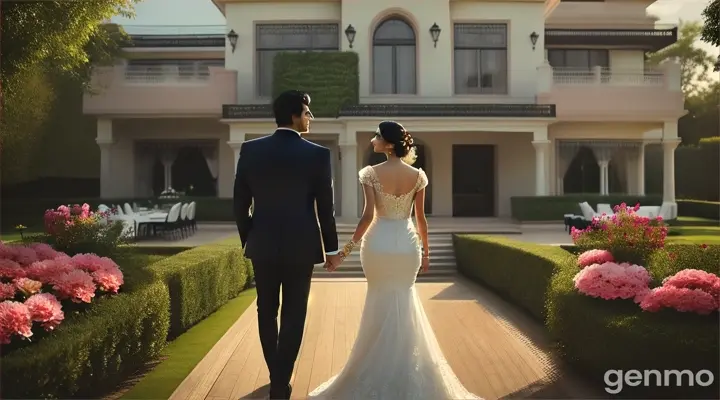 8k wide shot: At an upscale garden party in a luxurious mansion,  a handsome man watches a young Pakistani woman with romantic eyes , the modern architecture of the house visible in the background.

