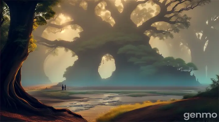 Prompt: An old, dried-up riverbed in the middle of the forest with a large, ancient tree nearby. Reena and Radha are curiously looking at a shiny object partially buried in the ground.
