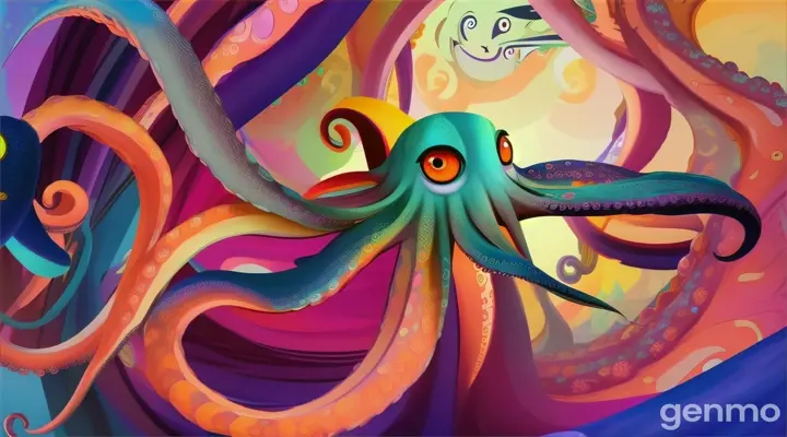 16;9 cartoon style An octopus's large, expressive eyes observing its surroundings