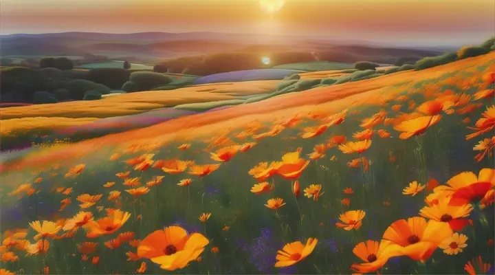 Vibrant California poppies sway in a swirling dreamy pattern in a field, in the style of watercolor paintings 