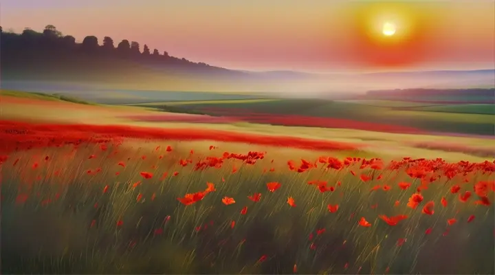 Vibrant poppies in a field at sunset, the sky awash in pastel watercolors, in the style of oil painting 