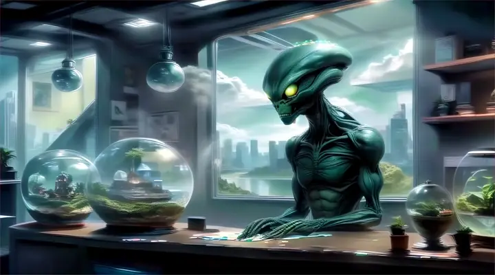 alien entity standing behind a desk with huge terrarium, observing thrilling with live miniature city inside, with lake, forest, clouds, in a dark, dirty office without windows, close up, stylized, simple, comic book style, marvel