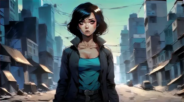 black haired petite beautiful woman standing in the middle of the empty street, dirty sci-fi, stylized, simple, comic book style, marvel, cold colors,