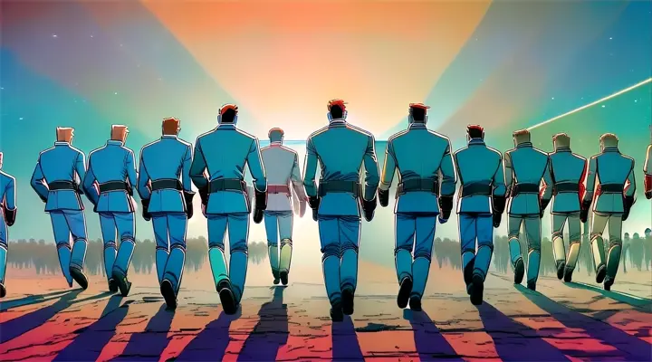 man and tons of his clones walking backwards along a timeline, simple comic book style, marvel, simple colors,