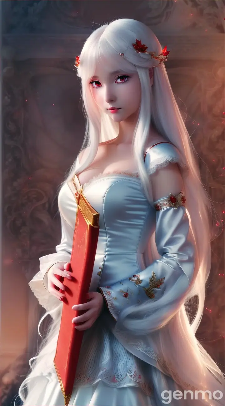 A female high quality anime style character with fair skin, long and flowy white hair, glowing red eyes holding a sacred book. She wears a fairy white dress shoulder to shoulder with long sleeves. The shot must be a close up of her upper body. Background: library. Frame: 9:16 She is a beauty goddess