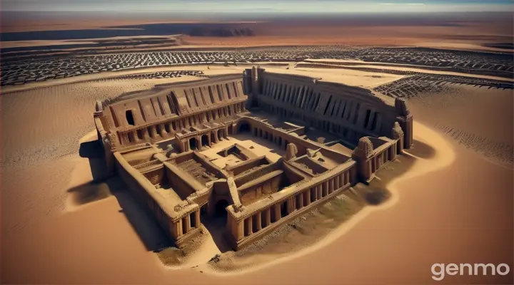 Abandoned ancient kingdom, with ruins of once grand palaces and temples buried in sand