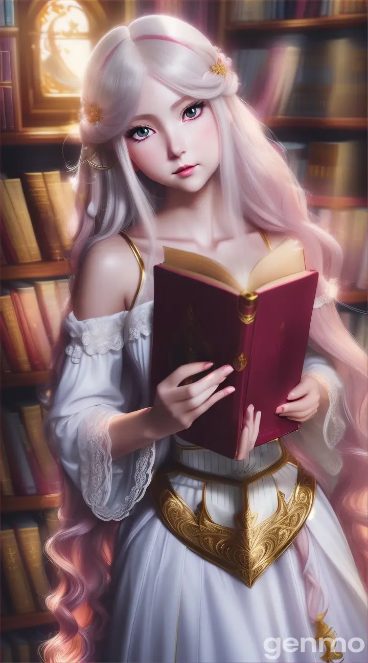 A adult female high quality anime style character with fair skin, white long and flowy hair, red eyes, and light pink full lips holding a black and golden sacred book, wearing a white long dress with shoulder to shoulder lonf dlowy sleeves. The shot must be a close up of her face starting at her uper body. Background: moonlight library. She has Red eyes. Frame: 9:16