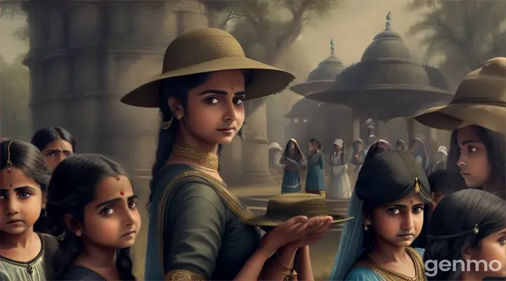 A desperate mother stands near the haunted well, holding Arjun's hat tightly. The villagers are gathered around, with concerned looks on their faces. The background shows the dark, foreboding palace with a sense of dread filling the air.