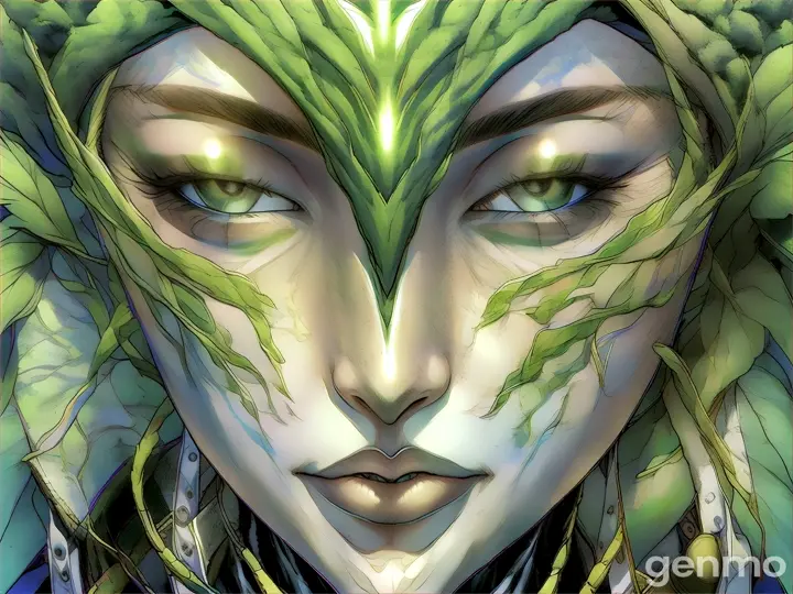a close up of a person with green hair