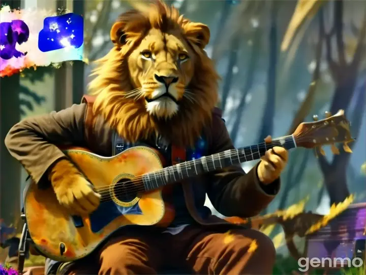 Lion rockstar playing guitar under a colorful galaxy filled with musical notes and astral dust