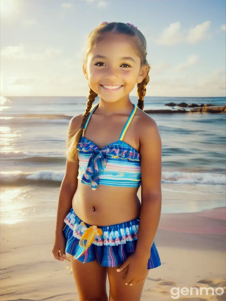 Tiny girl, age 9 years old, pigtails, bare feet, beach bikini, happy, beach, close up