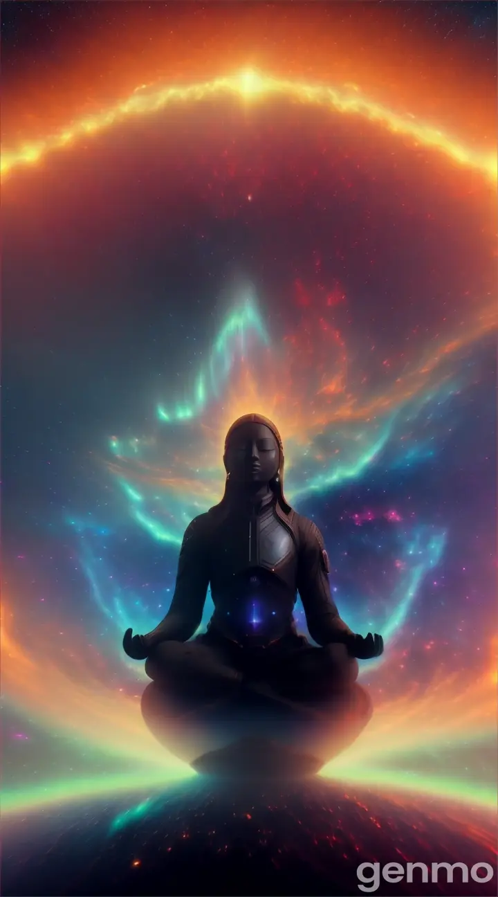 A blacked out figure meditating above planet earth on fire 