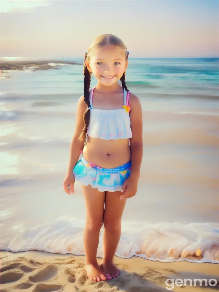 Tiny girl, age 9 years old, pigtails, bare feet, white beach bikini, happy, beach, close up girl