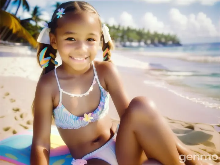 Tiny girl, age 9 years old, pigtails, bare feet, white beach bikini, happy, beach, close up, toes