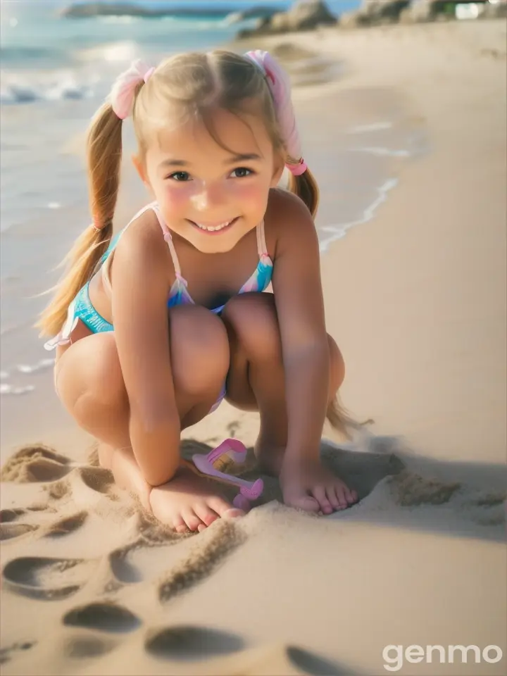 Tiny girl, age 9 years old, pigtails, bare feet, white beach bikini, happy, beach, close up, toes, crouching